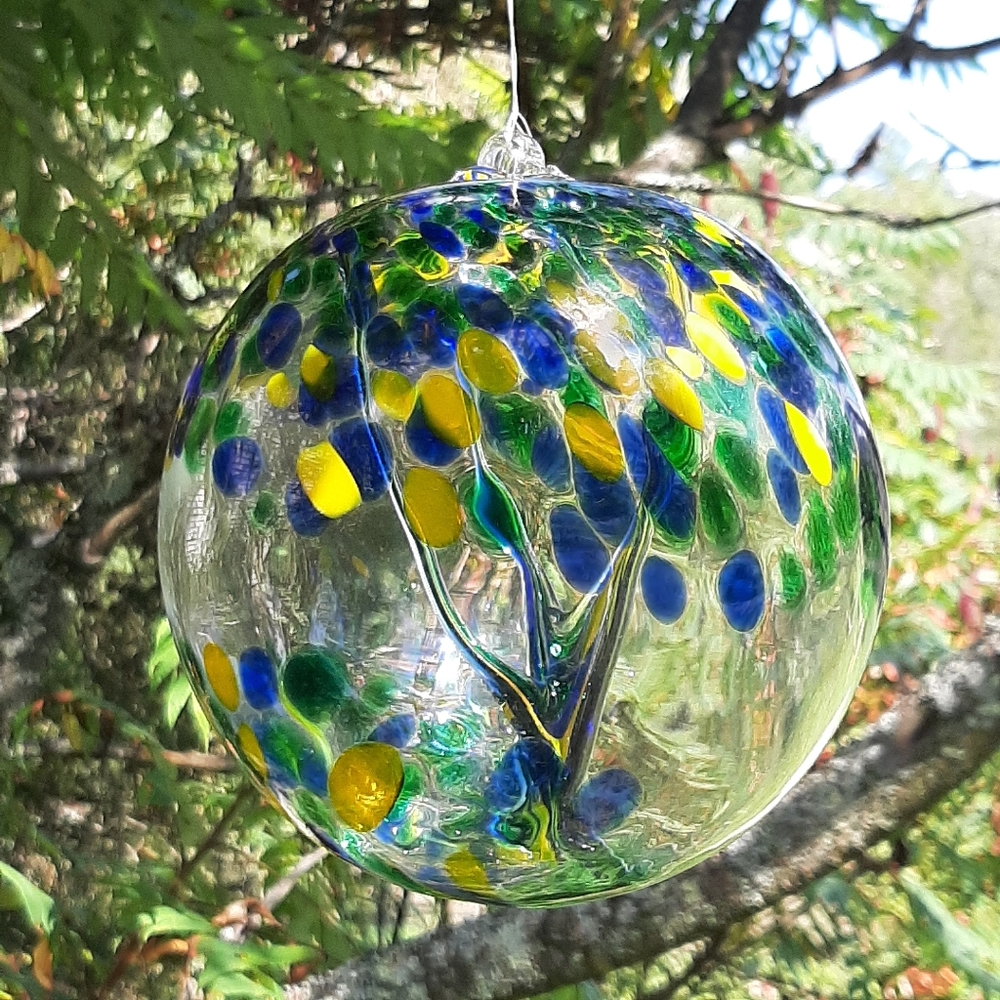 Hanging Glass Ball 6" Diameter Witch Ball #143320 Blue, Green & Yellow
